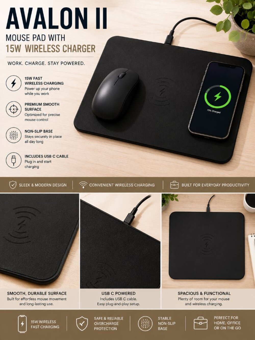 Avalon II Wireless Charging Mouse Pad 15W Fast Charger Desk Mat Black